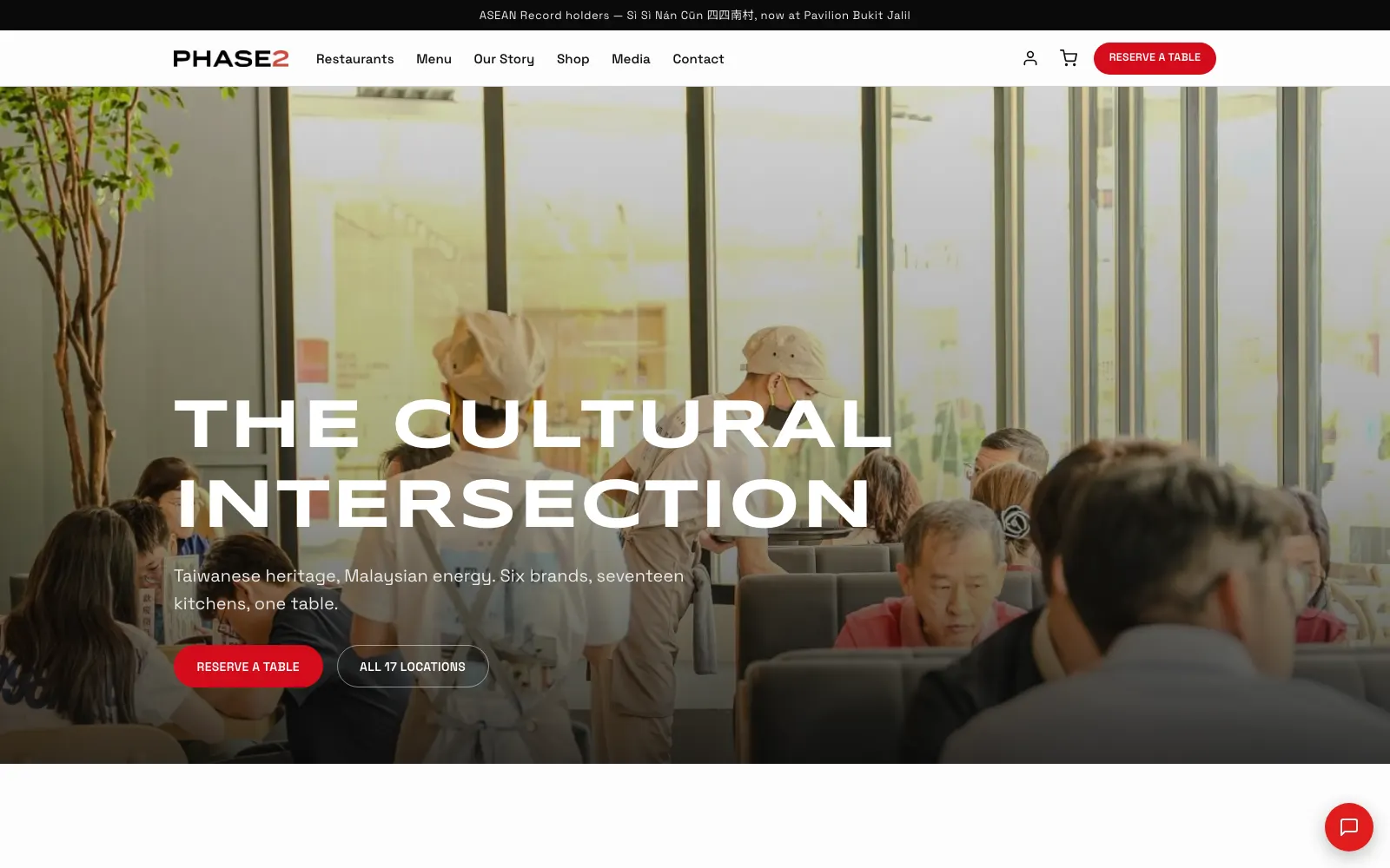 PHASE2 Hospitality public homepage: hero header, brand navigation, and the reservation call-to-action