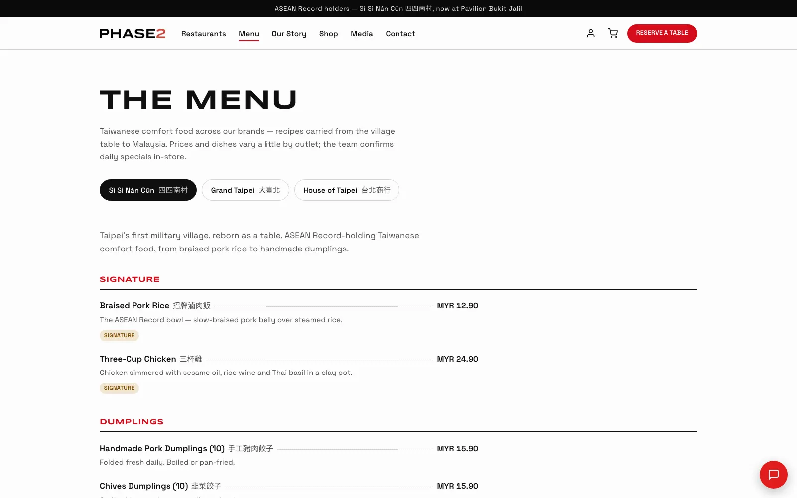 PHASE2 menu page: CMS-managed dishes and pricing, filterable across the group’s restaurant brands